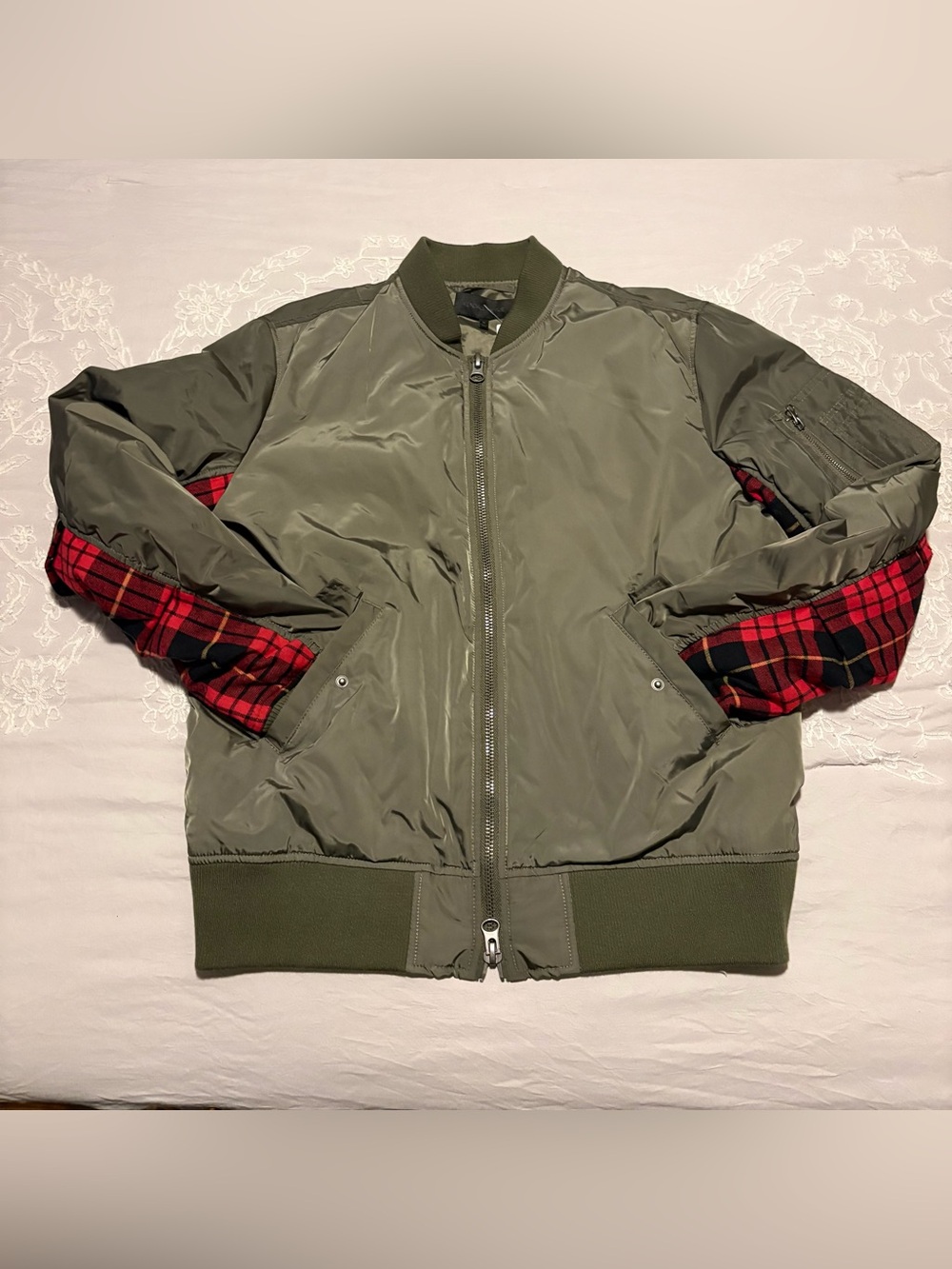 Kendall & Kylie Size M Olive Bomber Jacket with Red Plaid Lining NWT